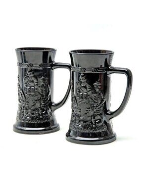Tiara Indiana Glass Embossed Black Tavern Steins Coffee Tea Mugs Vintage Pair